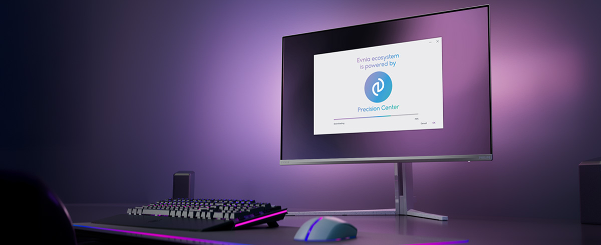 Monitor Philips Evnia configurado para o Precision Center